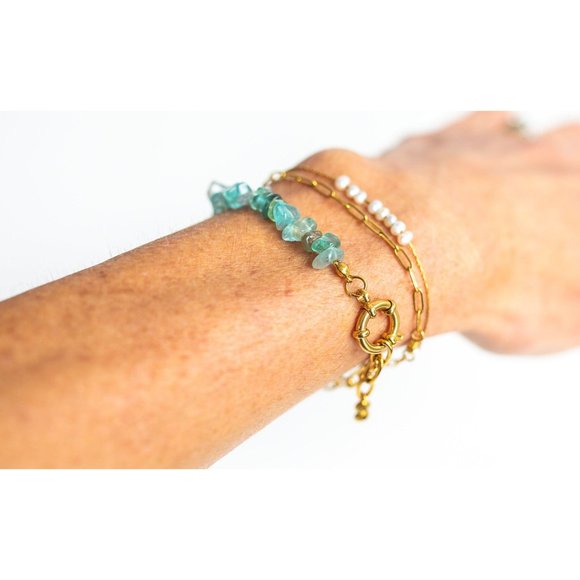 Statement Bracelet Gemstone Ocean Blue Apatite Chips Chunky Gold Chain Boho - Picture 7 of 10